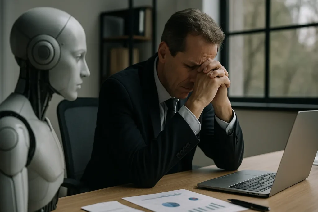 Imprenditore preoccupato per l'integrazione dell’intelligenza artificiale nelle aziende, affiancato da un robot in ufficio
