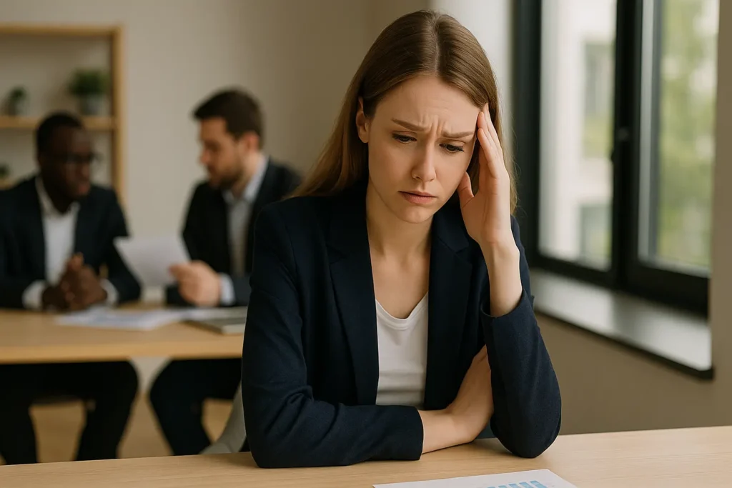 Donna stressata in ufficio per la mancanza di flessibilità del lavoro e difficoltà nella gestione dei talenti