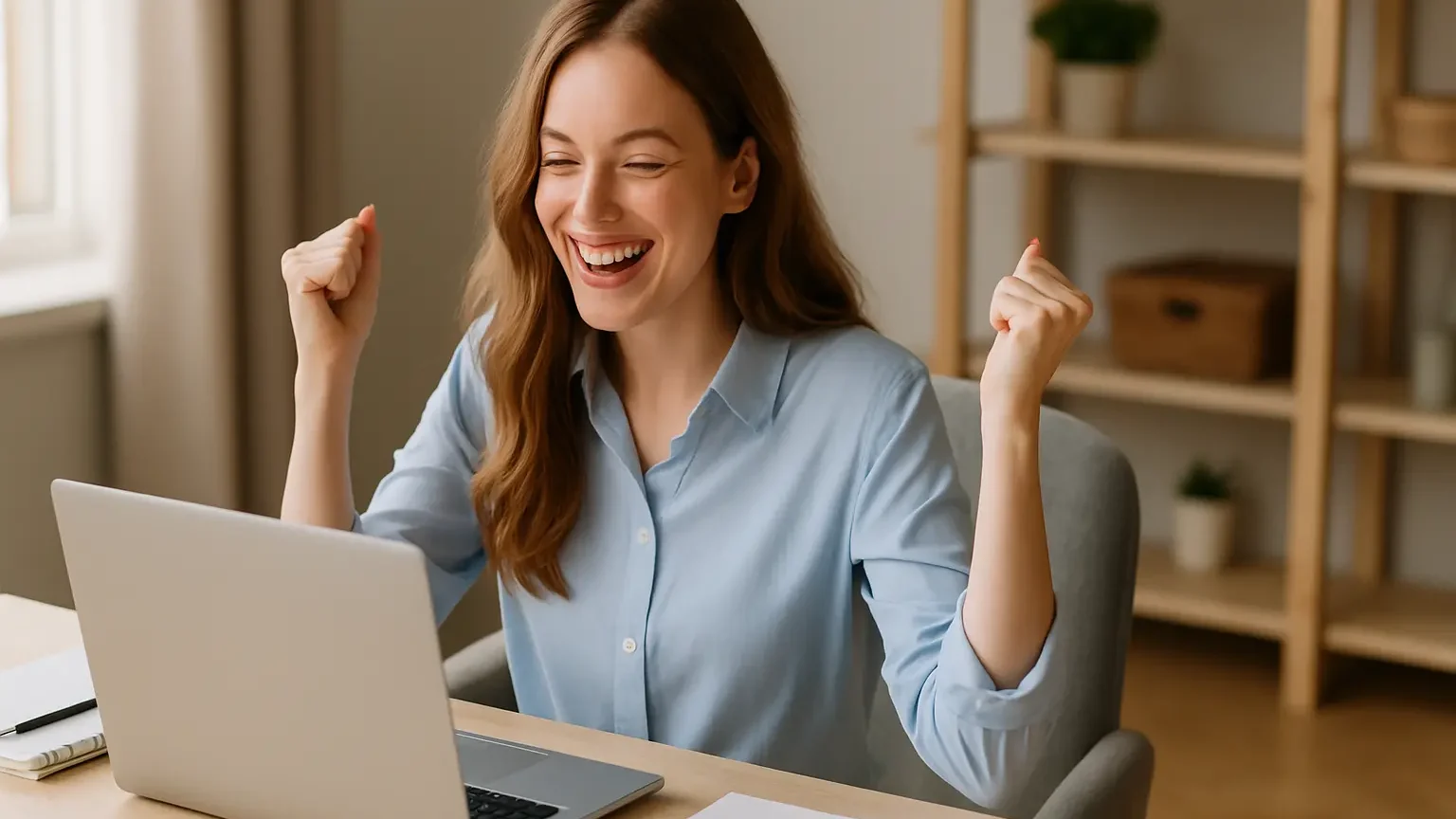 Donna entusiasta al computer che celebra un successo legato alla flessibilità del lavoro e alla gestione dei talenti
