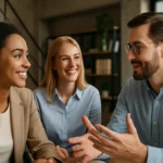 Team sorridente in ufficio che dialoga sulla flessibilità del lavoro e sulla gestione dei talenti