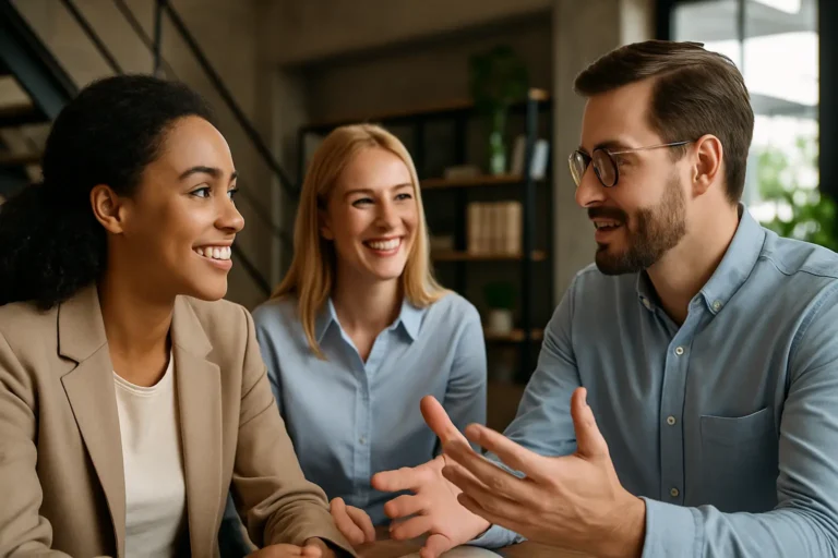 Team sorridente in ufficio che dialoga sulla flessibilità del lavoro e sulla gestione dei talenti